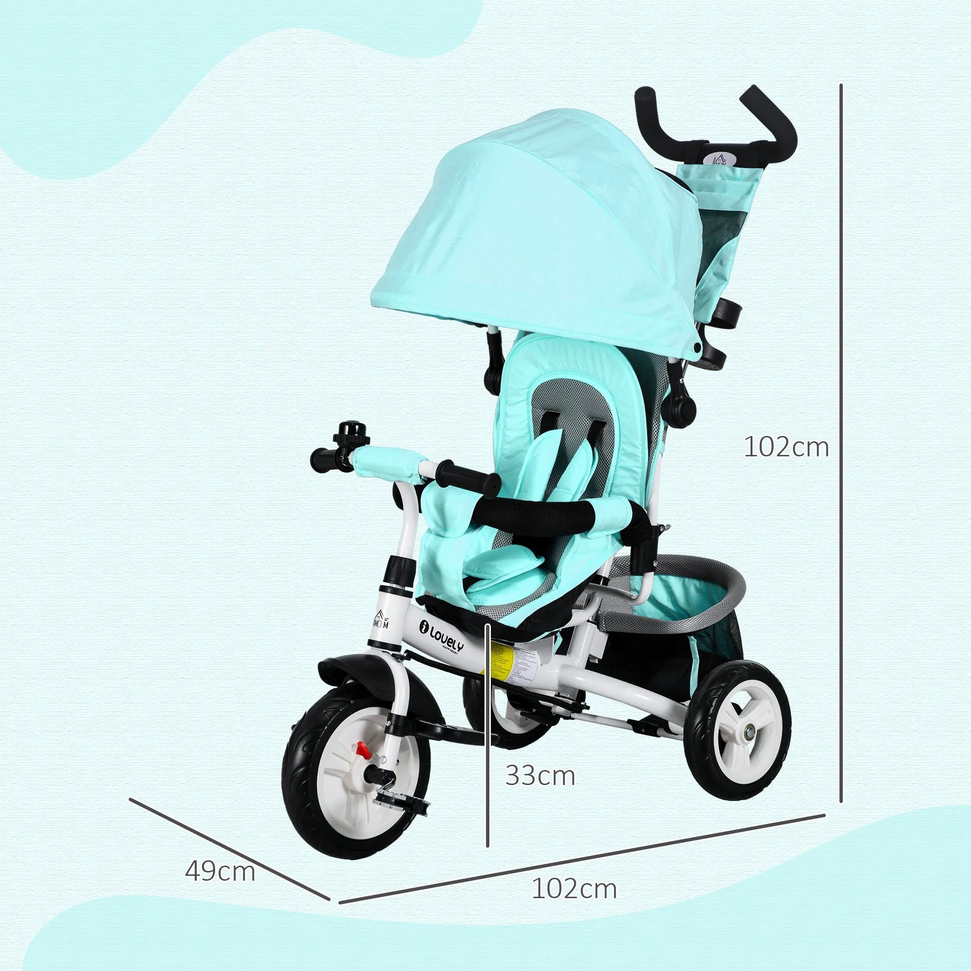 4 in 1 Kids Trike Push Bike w/ Push Handle, Canopy, 5-point Safety Belt, Storage, Footrest, Brake, for 1-5 Years, Green