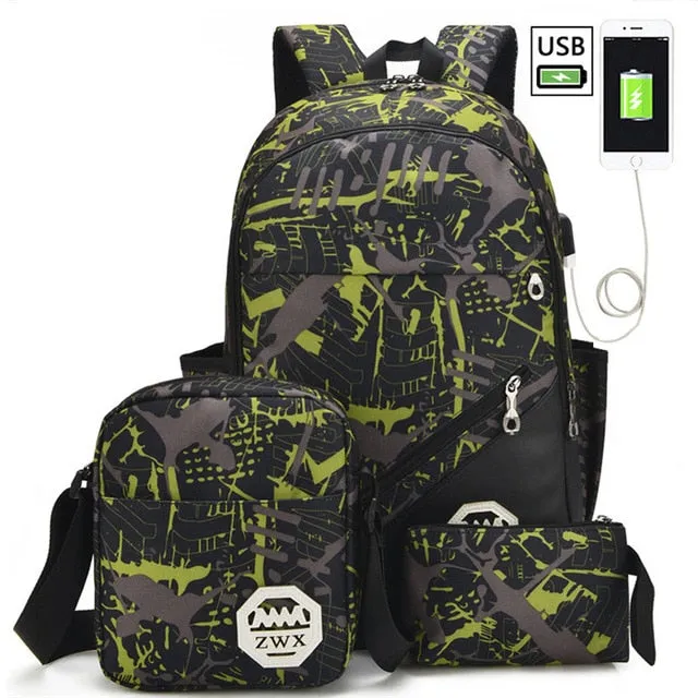 Backpacks USB Charging Backpacks For Teenager 3Pcs/Set   Shoulder School Bags Mochila Travel Bags