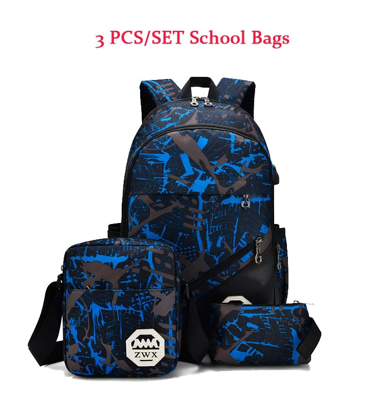 Backpacks USB Charging Backpacks For Teenager 3Pcs/Set   Shoulder School Bags Mochila Travel Bags