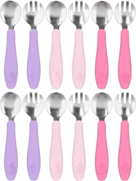 CHILLOUT LIFE Toddler Utensils Set, Kids Silverware with Silicone Handle, Stainless Steel Metal Toddler Forks and Spoons Safe Baby Cutlery for Self Feeding- 12 Pieces