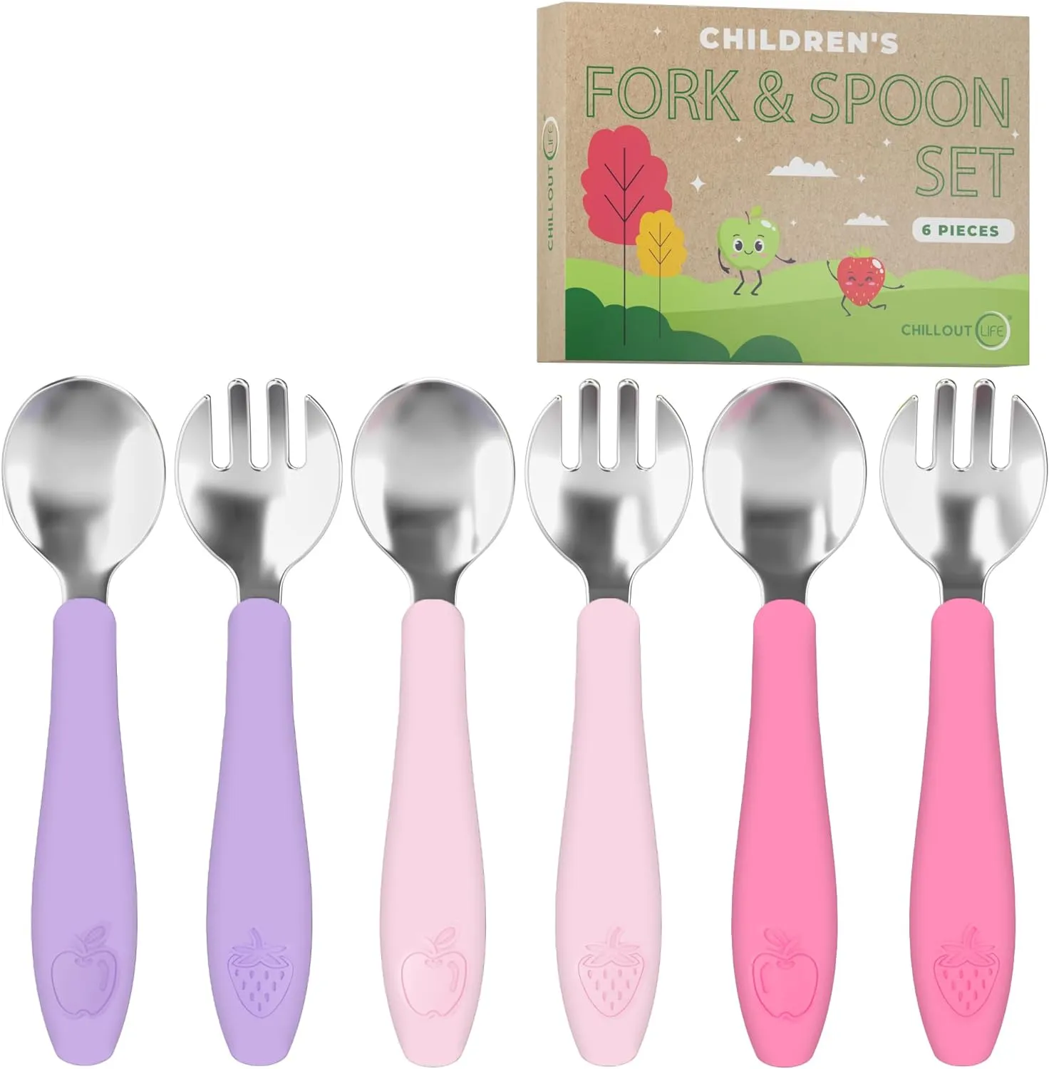 CHILLOUT LIFE Toddler Utensils Set, Kids Silverware with Silicone Handle, Stainless Steel Metal Toddler Forks and Spoons Safe Baby Cutlery for Self Feeding- 12 Pieces