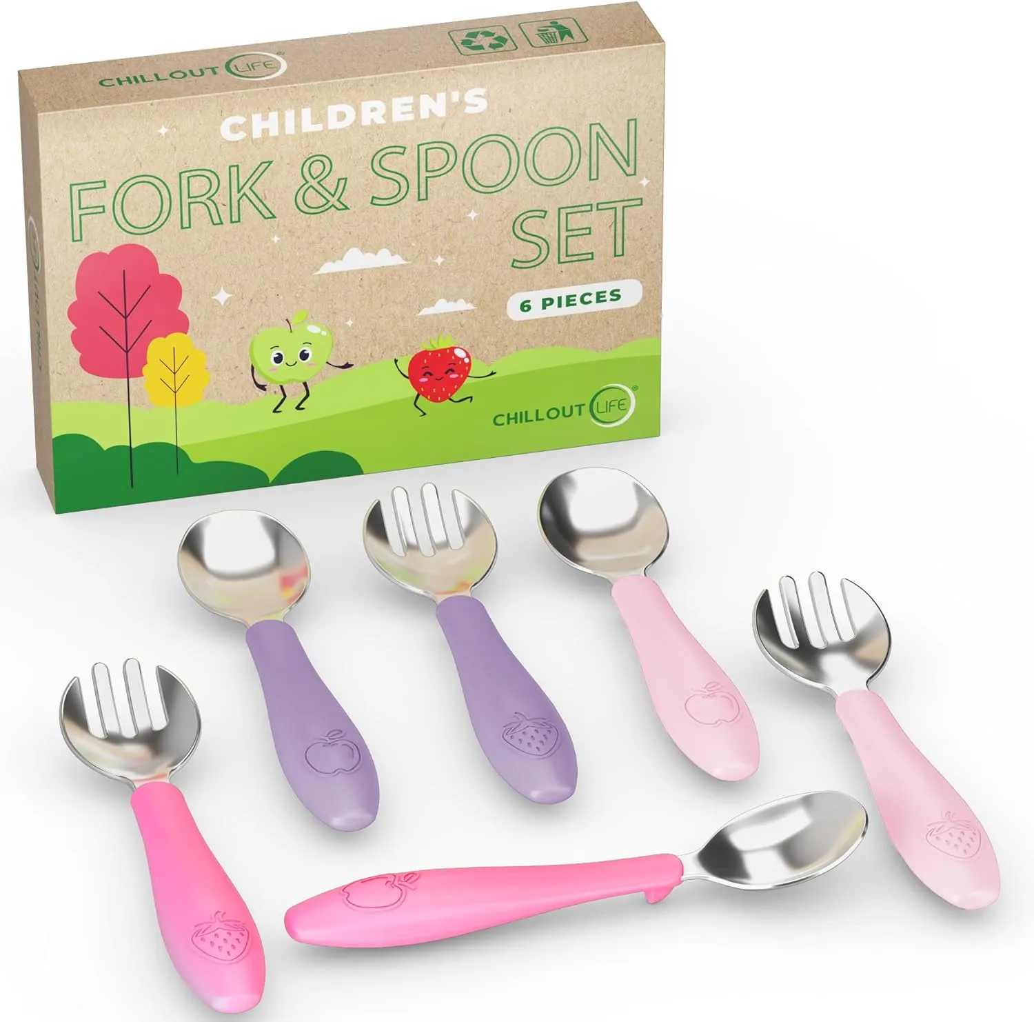 CHILLOUT LIFE Toddler Utensils Set, Kids Silverware with Silicone Handle, Stainless Steel Metal Toddler Forks and Spoons Safe Baby Cutlery for Self Feeding- 12 Pieces