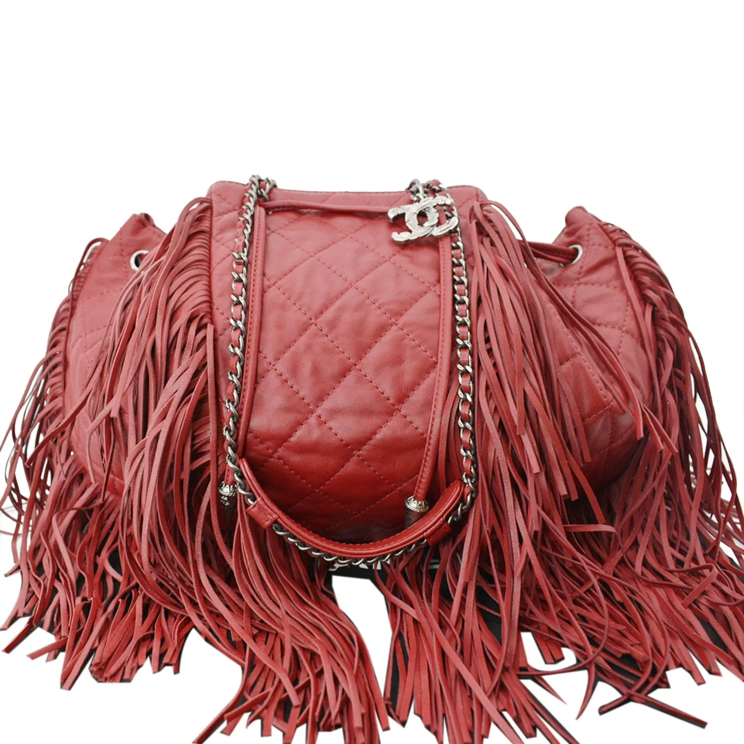 CL Paris Dallas Drawstring Fringe Shoulder Bag Red