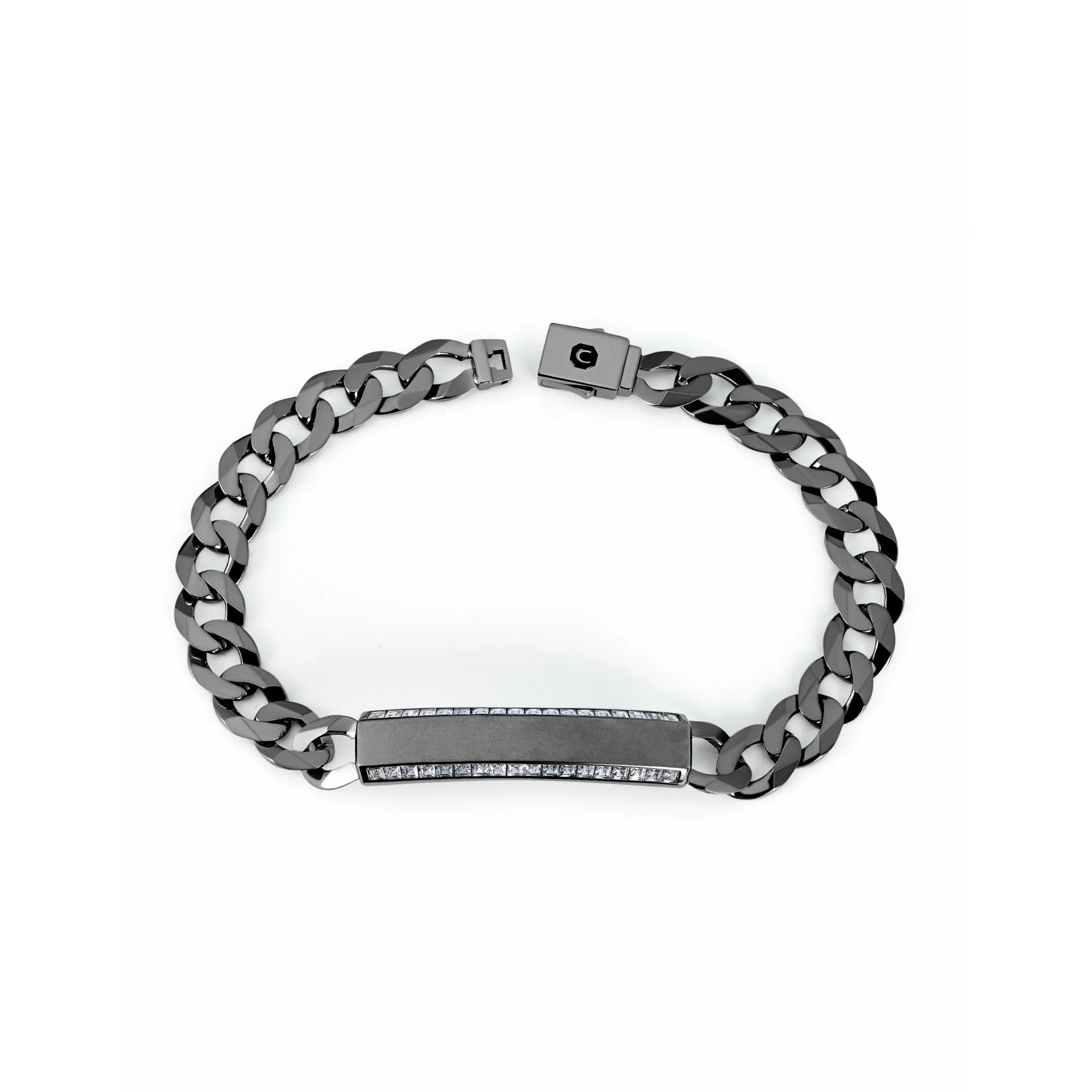 CRISLU Mens Matte Curb Chain ID Bracelet with Brilliant CZ Center Finished in Black Rhodium