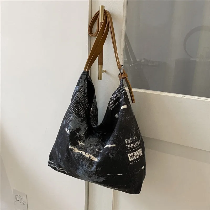 deanwangkt New Shoulder Bag For Women Newspaper Print Oxford Handbags PU Leather Straps Bucket Bag Ladies Tote Bag Hand Bags Bolsos