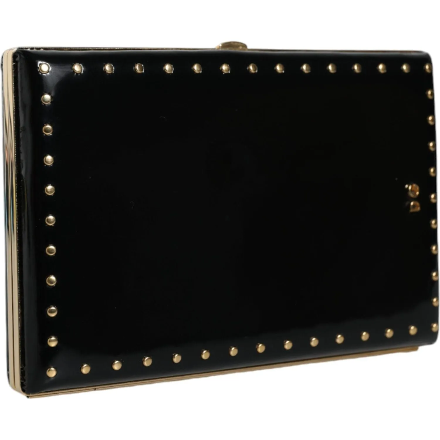 Dolce & Gabbana Black Leather Studs Gold Frame Clutch Evening Purse Bag