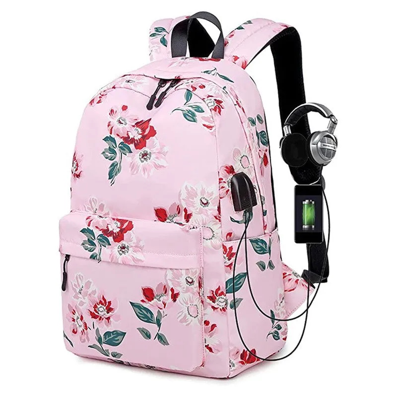 Floral Bunch Backpack with Lunch Bag & Stationery Pouch (Pink)