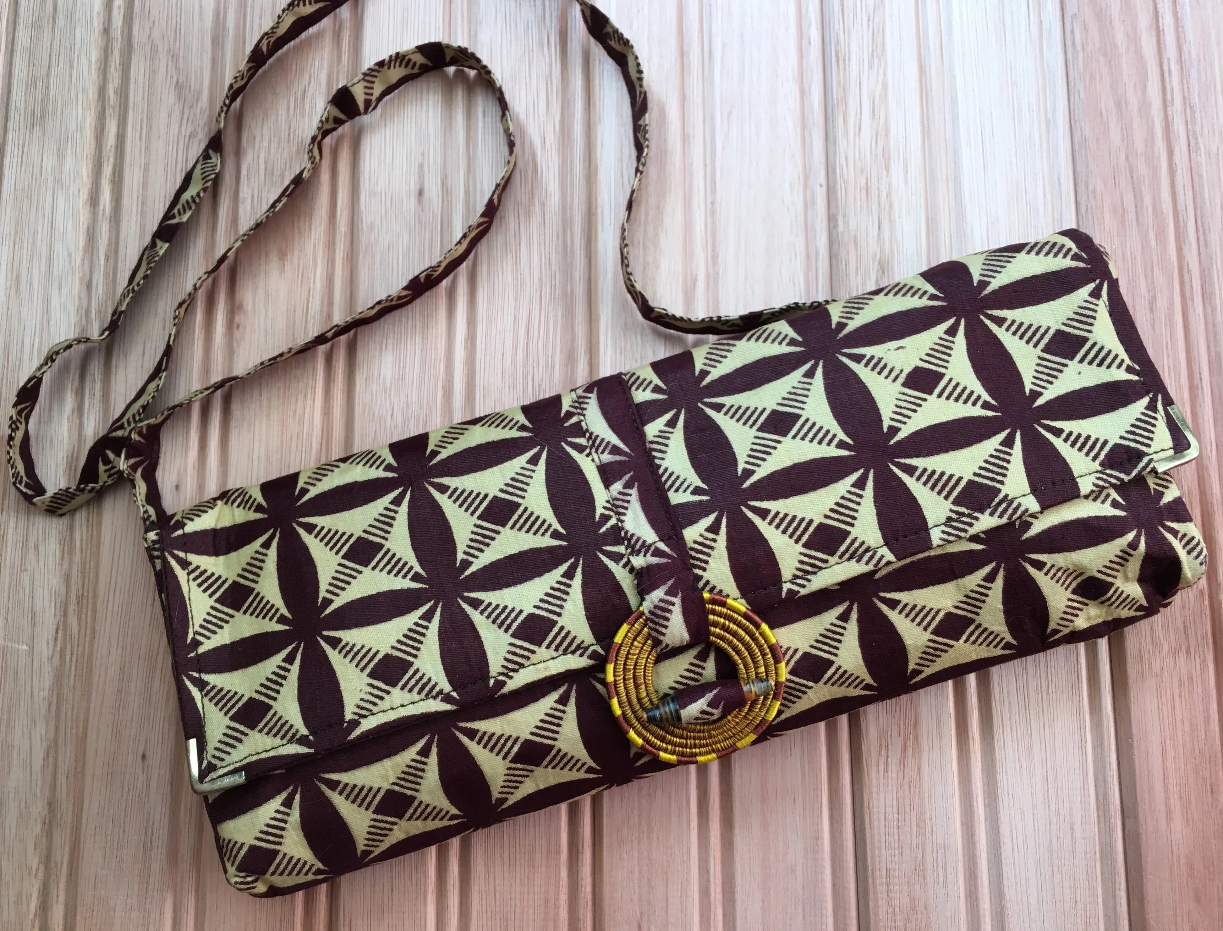 Handmade Rwandan Batik Long Clutch w/Shoulder Strap - Brown/Cream