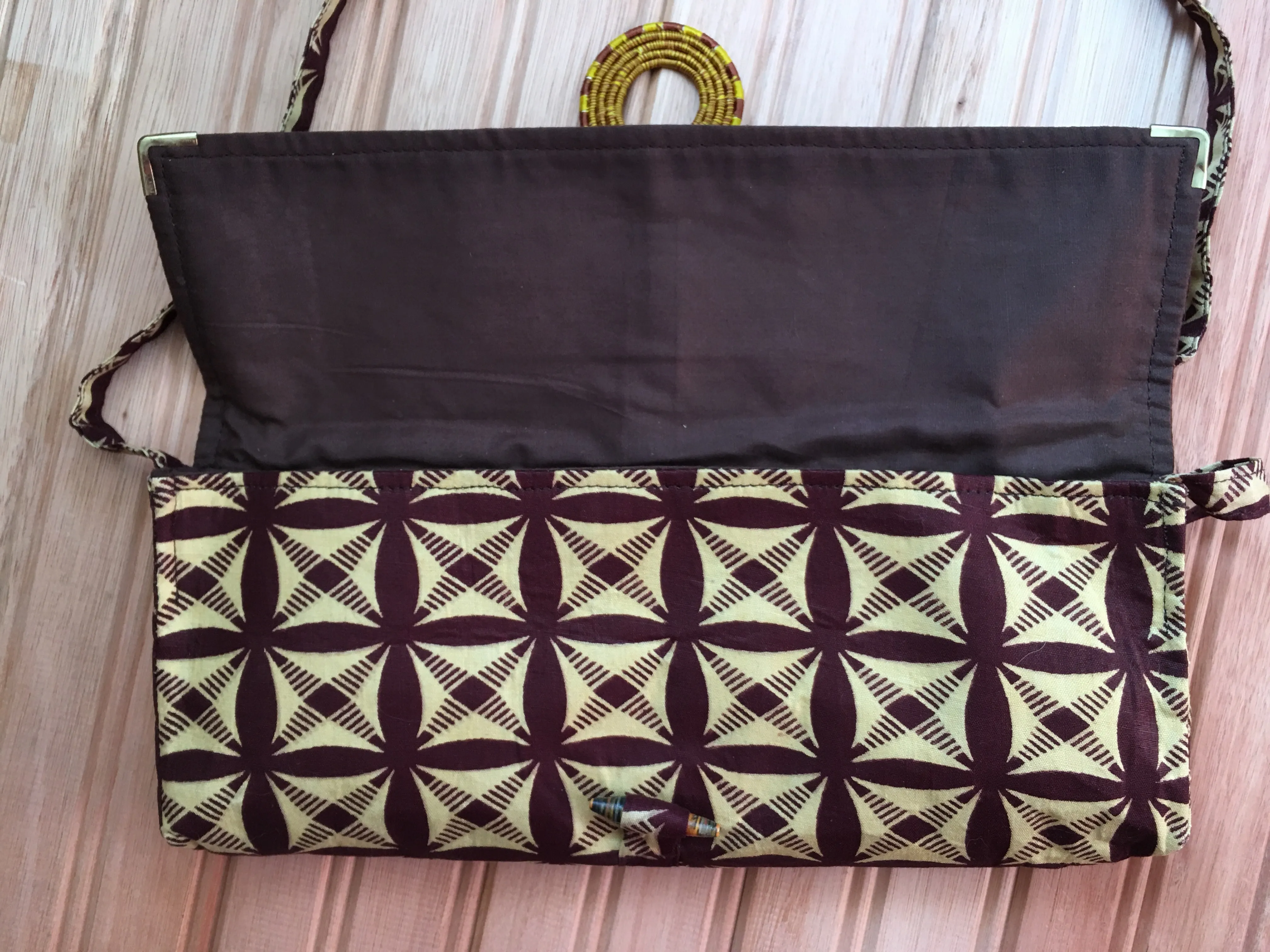 Handmade Rwandan Batik Long Clutch w/Shoulder Strap - Brown/Cream