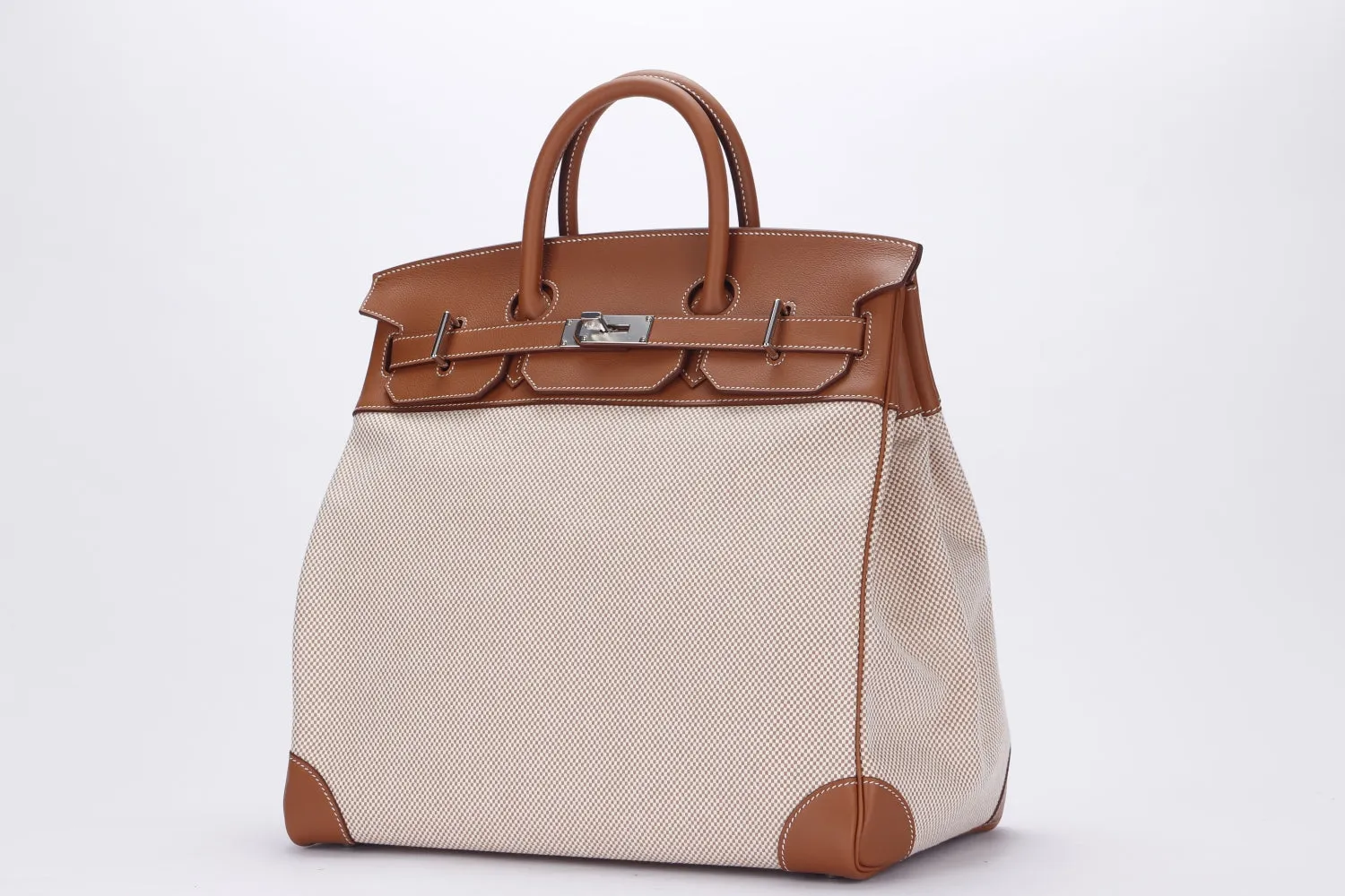 Hermes HAC 40 (Stamp Z), Criss Gold Evercolor Leather with Beige Toile, Silver Hardware, with Keys, Lock, Dust Cover & Box