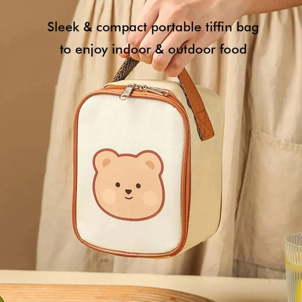 Insulated Cream Brown Bear Stainless Steel Lunch Box with Lunch Bag | Medium Size