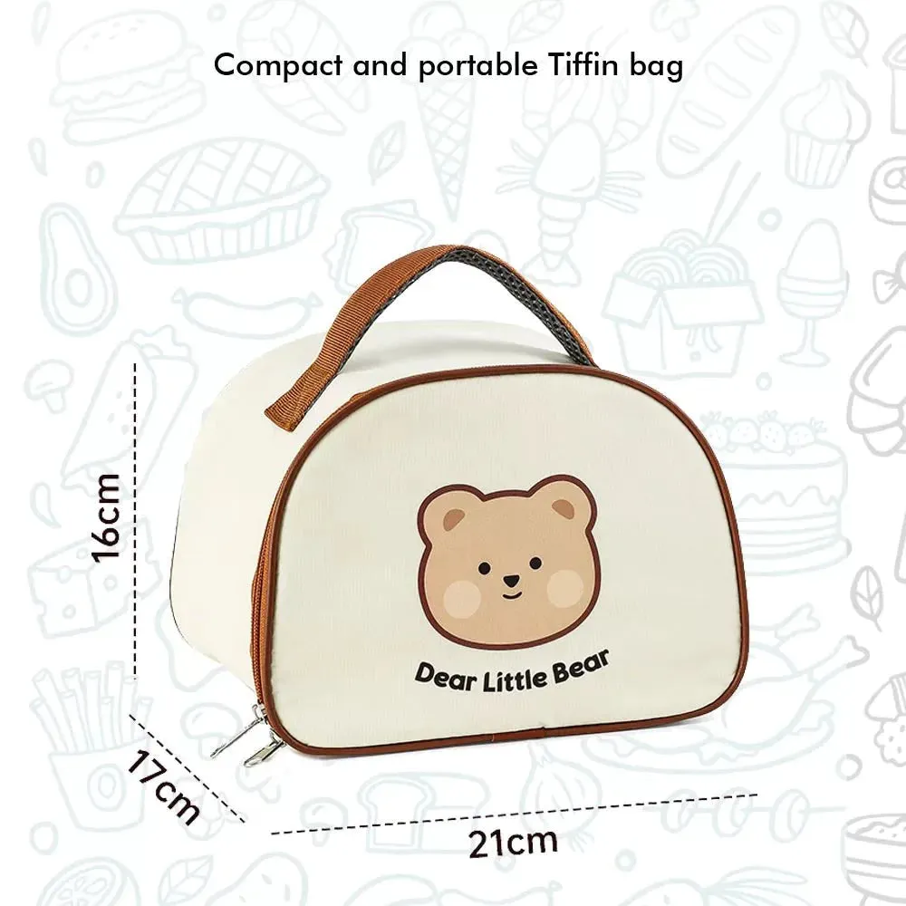 Insulated Cream Brown Bear Stainless Steel Lunch Box with Lunch Bag | Medium Size