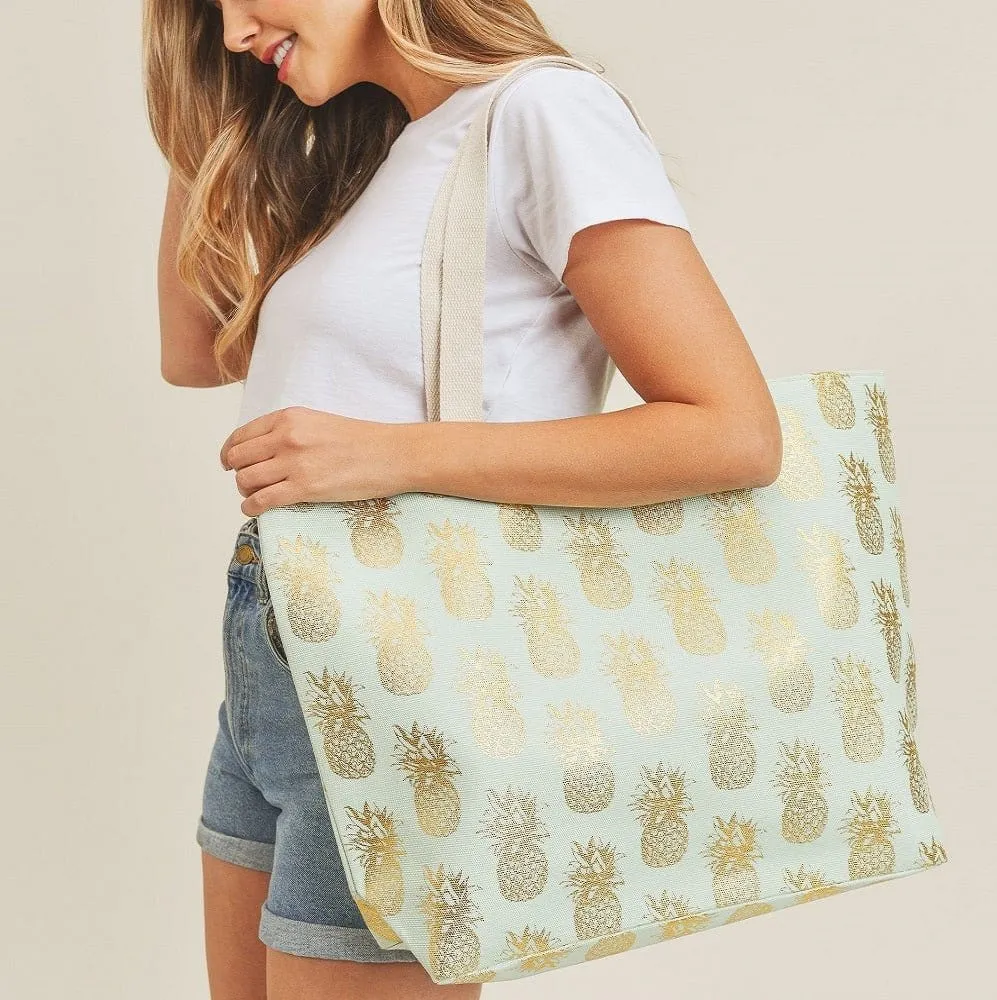 MB0134 Gold Foil Pineapple Beach Tote Bag