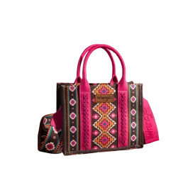 Montana West Women's Wrangler Southwestern Print Small Canvas Hot Pink Tote Crossbody