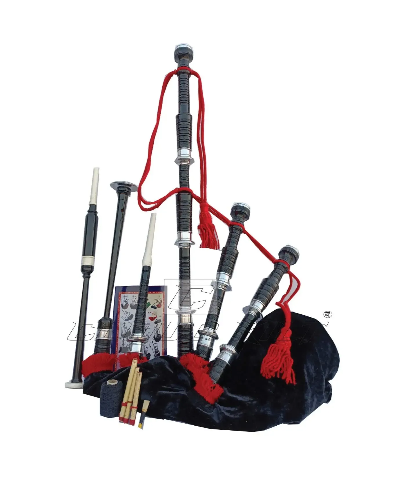 Red & Black Velvet Bagpipe Set Silver & Black Finish With Hard Case