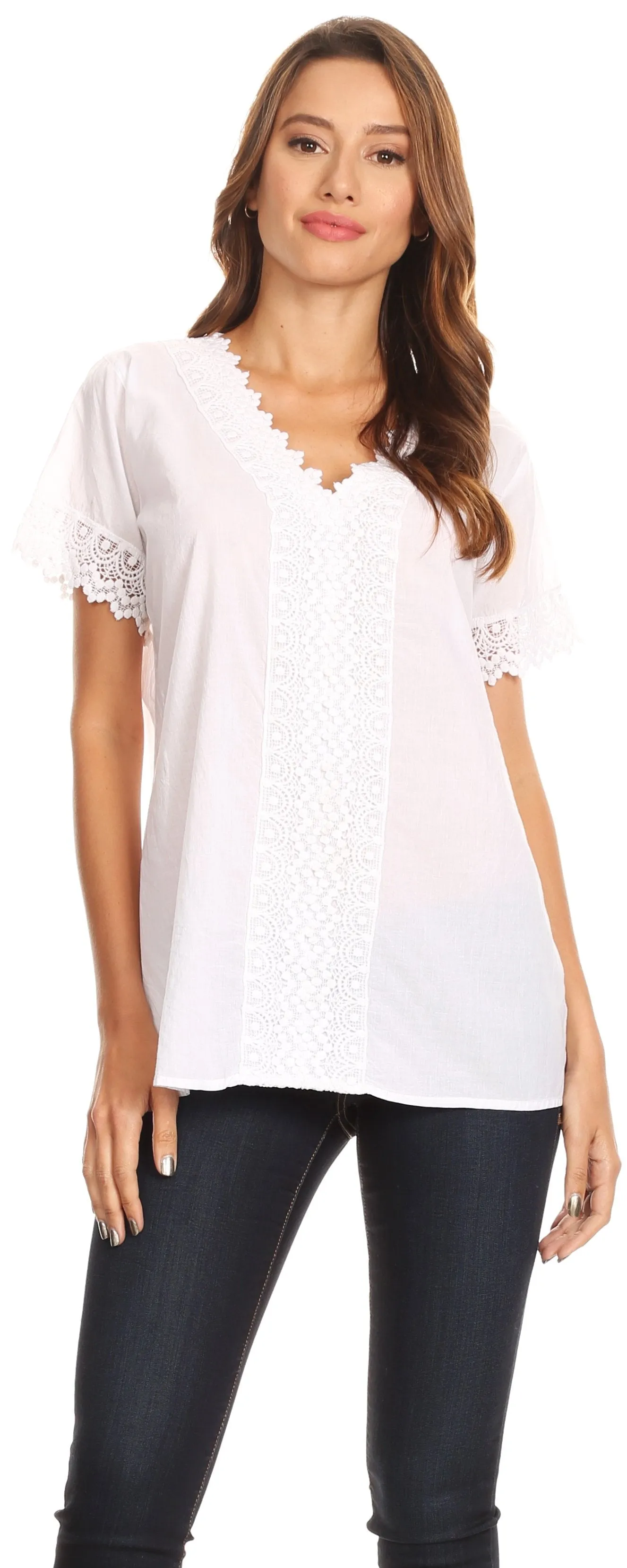 Sakkas Marisa Short Sleeve V-Neck Slim Fit Woven Cotton Blouse with Crochet Trim