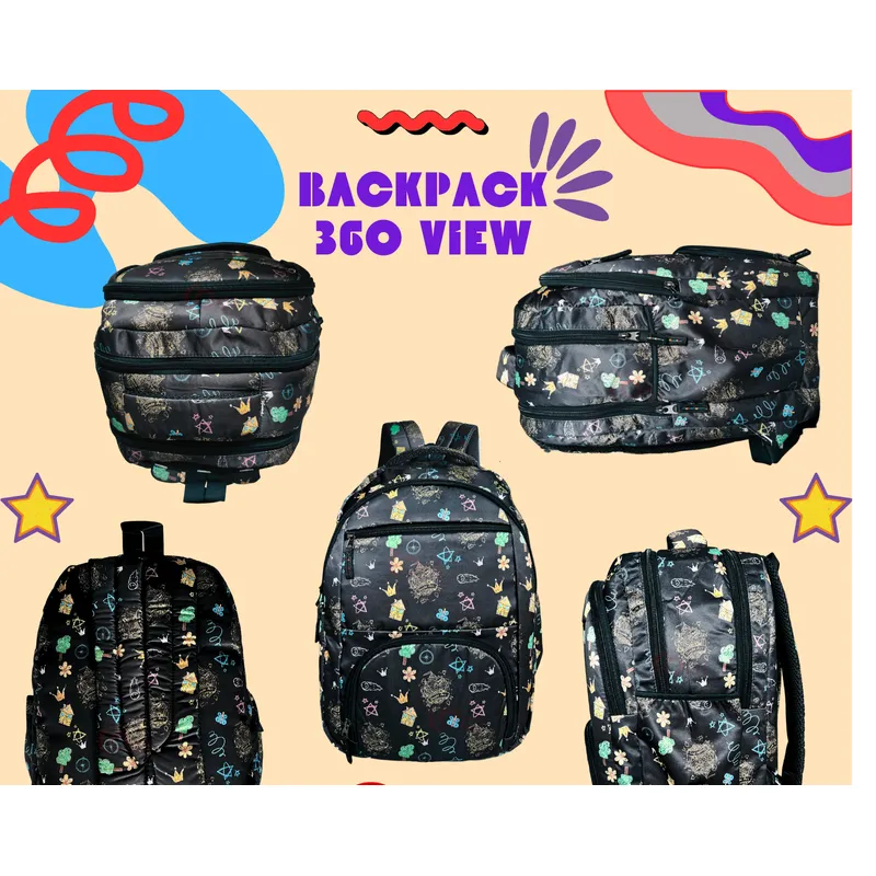 School Bag Backpack for Kids | Doodle Art Design Black - 17 Inches