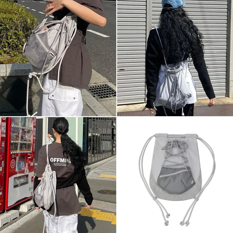 Y2K Korean Preppy Nylon Drawstring Backpack Casual High-Capacity Tote Bag Fashion Detachable Net Travel Bag Streetwear Sport Bag