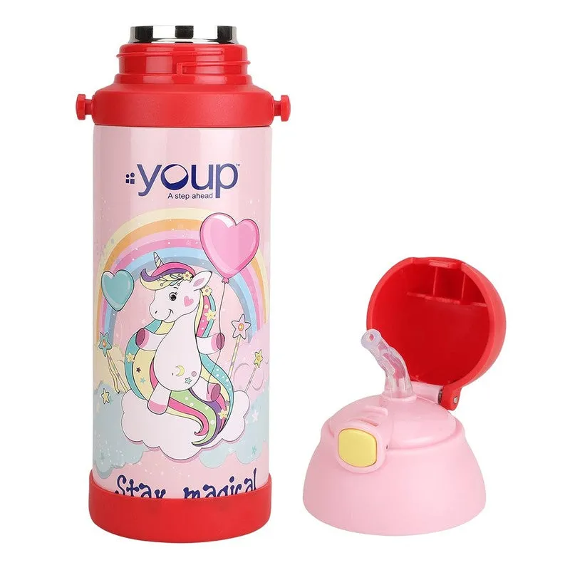 Youp Stainless Steel Pink and Red Color Unicorn theme Kids Insulated Sipper Bottle WINNER - 500 ml