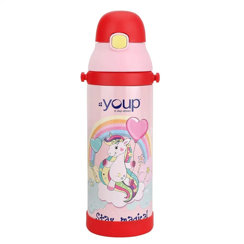 Youp Stainless Steel Pink and Red Color Unicorn theme Kids Insulated Sipper Bottle WINNER - 500 ml