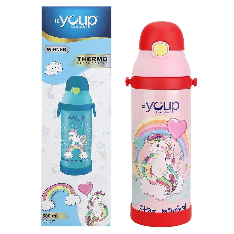 Youp Stainless Steel Pink and Red Color Unicorn theme Kids Insulated Sipper Bottle WINNER - 500 ml